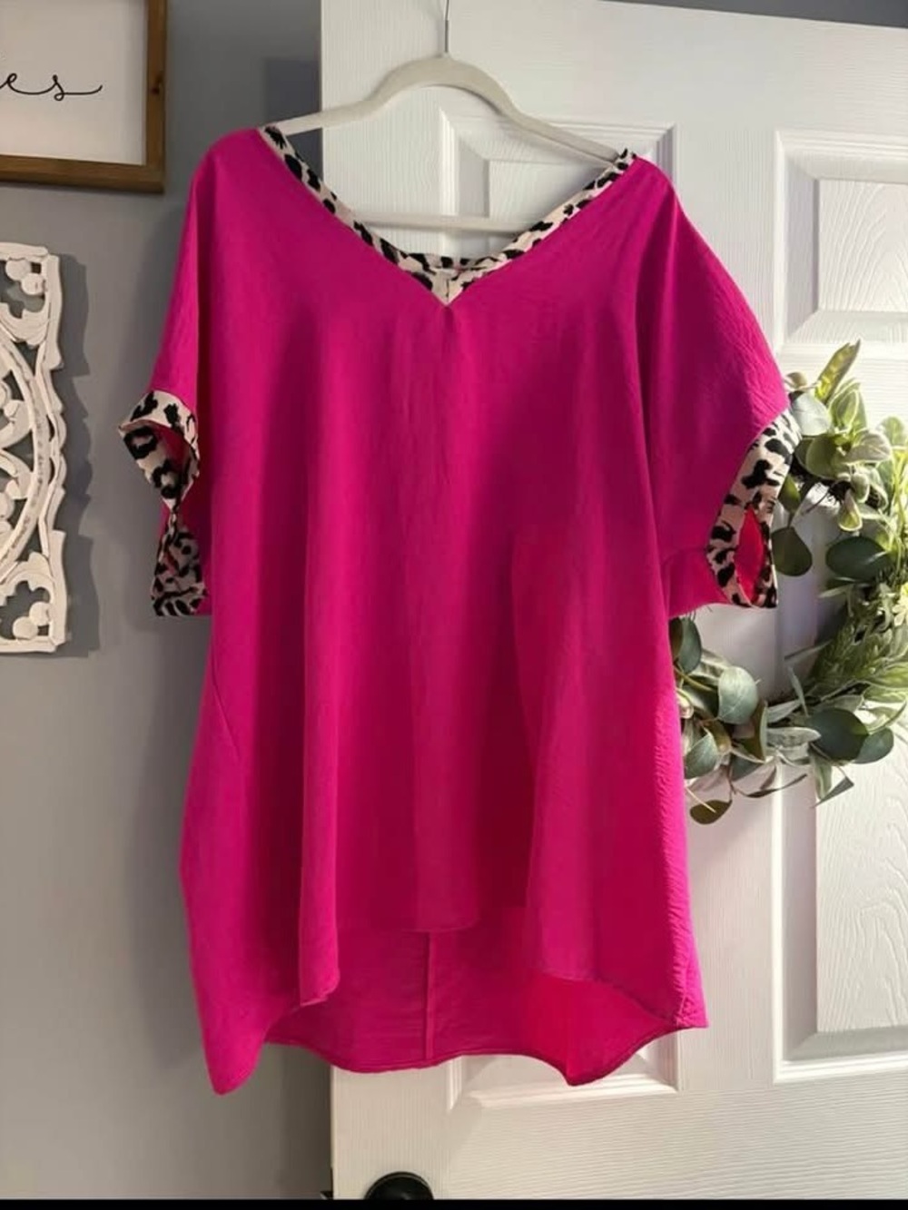 Bright Pink V-Neck Women's Top with Leopard Trim